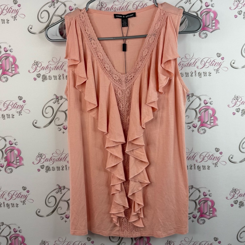 Cable & Gauge tank top ruffles crochet lace detail flowy Peach Ruffled Blouse